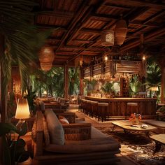 a room with couches, tables and lamps on the ceiling is lit by lights that illuminate palm trees