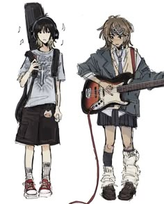 two anime characters are standing next to each other and one has a guitar in his hand