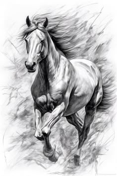 a pencil drawing of a horse running in the wind with its head turned to the side