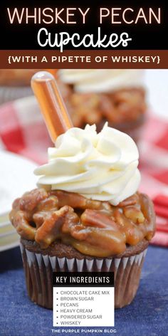 a cupcake with white frosting and caramel on top is featured in the cover of whiskey pecan cupcakes