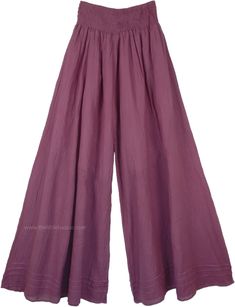 Wild Plum Wide Leg Cotton Palazzo Pants with Shirred Waist | Purple | Split-Skirts-Pants, Misses, Vacation, Beach, Solid Burgundy Wide Leg Bottoms For Spring, Burgundy Wide-leg Bottoms For Spring, Purple Wide Leg Pants For Spring, Burgundy Wide Leg Pants For Spring, Purple Ankle-length Wide Leg Pants, Summer Wide Leg Purple Harem Pants, Summer Purple Wide Leg Harem Pants, Purple Wide Leg Harem Pants For Summer, Spring Purple Wide Leg Pants With Elastic Waistband