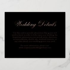 a black and white business card with the words wedding rules written in gold on it