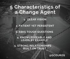 the five characteristics of a change agent in an organization's workbook, with text overlaying it