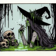 there is a drawing of a witch and skulls in the woods with green liquid coming out of her hat