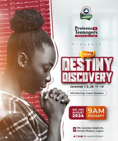 a woman praying in front of a red and white background with the words destiny discovery