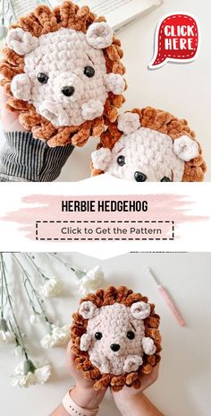 two crocheted animals are being held by someone's hands with the words herbe hedge on them