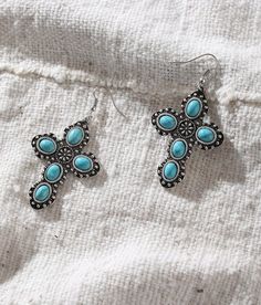 "Sterling & Stitch Western Cross Earring - Silver/Turquoise , Women's Burnishedsilverturq Turquoise and embossed sterling silver plated drop earring Drop measures 2 3/4". Apparel & Accessories" Blue Oxidized Finish Earrings, Blue Oxidized Dangle Jewelry, Blue Oxidized Finish Jewelry, Cross Earring, Western Cross, Earring Drop, Earring Silver, Earring For Women, Work Inspiration