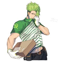 an anime character with green hair is holding a box and talking on his cell phone