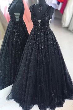 Black Sparkly V-neck For Mal Prom Dresses Pretty Princess Dresses For Teens V Neck Prom Dresses Long, Prom Dresses Long Cheap, Ball Gown Black, Sparkly Ball Gown, Evening Wear Dresses, Cheap Formal Dresses, Long Sequin Dress, Prom Dresses Elegant, Formal Ball Gown