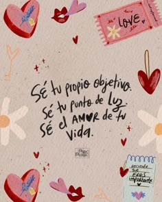 the words are written in spanish and english on pink paper with hearts, flowers, and butterflies