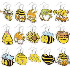 a bunch of cartoon honeybees hanging from hooks