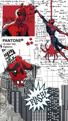 spider - man collage with various images and words on the bottom right hand corner