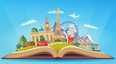 an open book with the eiffel tower and other buildings on it in front of a blue sky