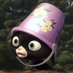 a cartoon character wearing a purple hat with flowers on it