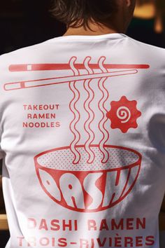 the back of a person wearing a t - shirt that says, takeout ramen noodles