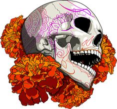 a drawing of a skull with flowers in the foreground and an orange flower behind it