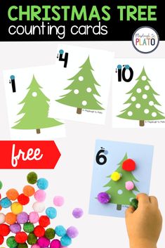 christmas tree counting cards with pom poms