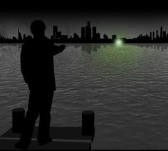 a man standing on top of a pier next to the ocean under a green light