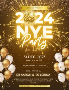 new years eve party flyer with balloons and confetti