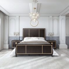 a large bed sitting inside of a bedroom on top of a white carpeted floor