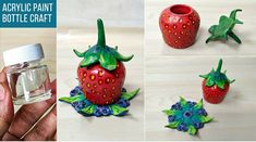 there are three pictures of strawberries in the shape of vases and one is made out of plastic