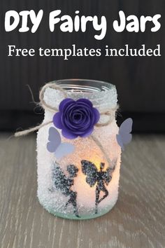 a mason jar filled with fairy jars and purple flowers