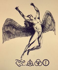 a drawing of a man with wings on his back and the words zoo above him