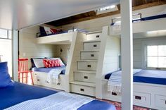 bunk beds with blue sheets and white drawers in a room that looks like a loft