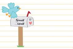 a blue bird is sitting on top of a mailbox with the word snail mail