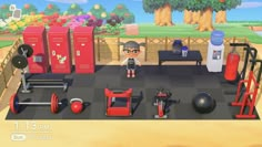 an animal crossing character stands in the middle of a gym with red and black equipment