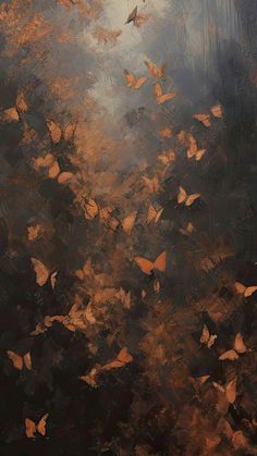 an abstract painting with lots of butterflies flying in the air