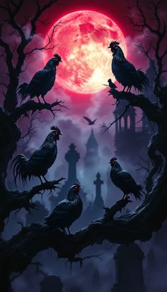 #Moonlit #Gothic #Roosters: Mysterious roosters perch on twisted branches beneath a blood-red #moon, watching over an ancient #cemetery shrouded in purple mist. #supernatural #aiart #aiphoto #stockcake ⬇️ Download and 📝 Prompt 👉 https://stockcake.com/i/moonlit-gothic-roosters_1647320_1217277