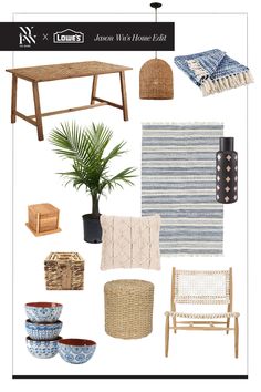 a collage of furniture and accessories including a table, chair, potted plant