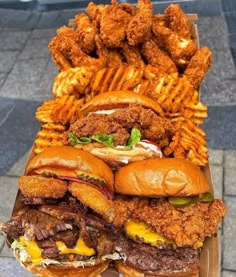 a person holding up a large sandwich and french fries in front of some fried food