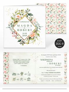 an elegant wedding card with flowers and leaves