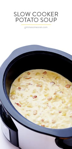 slow cooker potato soup in the crock pot with text overlay that reads slow cooker potato soup