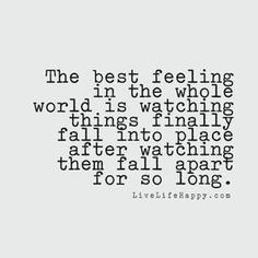 The best feeling in the whole world is watching things finally fall into place after watching them fall apart for so long. livelifehappy.com Women Strength, Now Quotes, Live Life Happy, Best Feeling, Love Life Quotes, Life Quotes To Live By, Totally Me, Les Sentiments, Happy Quotes