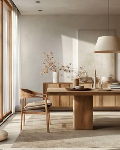 a dining room table with chairs and vases on it, next to a large window