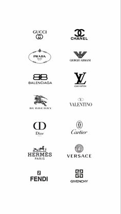 many different types of logos are shown in black and white, including one for the brand