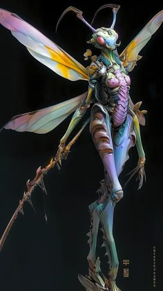 a woman dressed as a fairy holding a stick and wearing an insect costume with wings