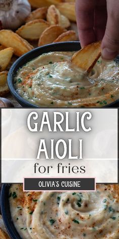 garlic aioli for fries in a bowl with a hand dipping it into the dip