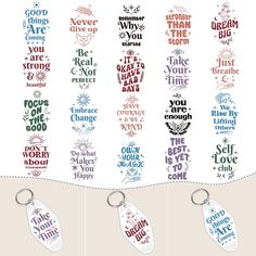 four different key chains with words on them