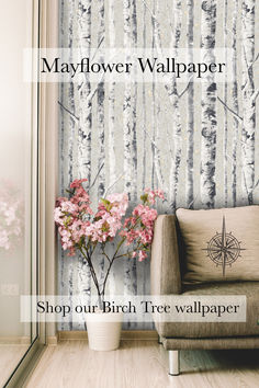 Black and White Birch tree wallpaper by Mayflower wallpaper set in living room. Champagne Backdrop, Birch Wallpaper, Silver Birch Tree, Birch Tree Wallpaper, Natural Vibes, Gold Backdrop, Beach Room, Boho Wallpaper, Eclectic Modern