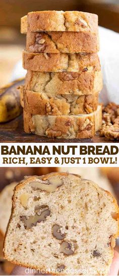 banana nut bread is stacked on top of each other