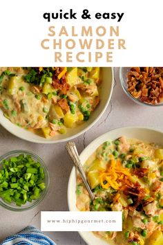 two bowls of thick salmon chowder with potatoes, cheese, bacon, green onions Salmon Chowder Recipe Easy, Salmon Chowder Recipe, Salmon Chowder, Leftover Salmon, Frozen Salmon, Chowder Soup, Seafood Chowder, Pumpkin Chili, Tuna Pasta