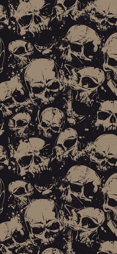 a bunch of skulls that are all over the place in front of a black background