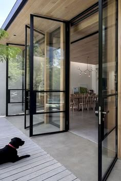 a black dog laying on top of a wooden floor next to an open glass door