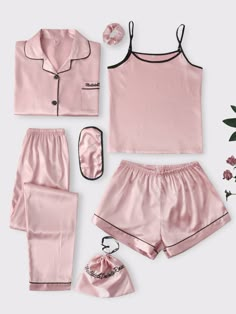 Free Returns ✓ Free Shipping✓. 7pcs Contrast Binding Satin PJ Set- undefined at SHEIN. Pijamas Women, Satin Pj Set, Cute Sleepwear, Cute Pajama Sets, Pink Pajamas, Cute Dress Outfits, Cute Lazy Day Outfits, Women's Pajamas, Lazy Day Outfits