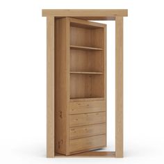 an open wooden bookcase with drawers on the bottom and bottom, in front of a white background