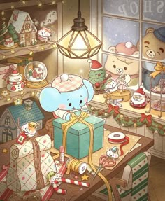 an illustration of a room filled with teddy bears and presents